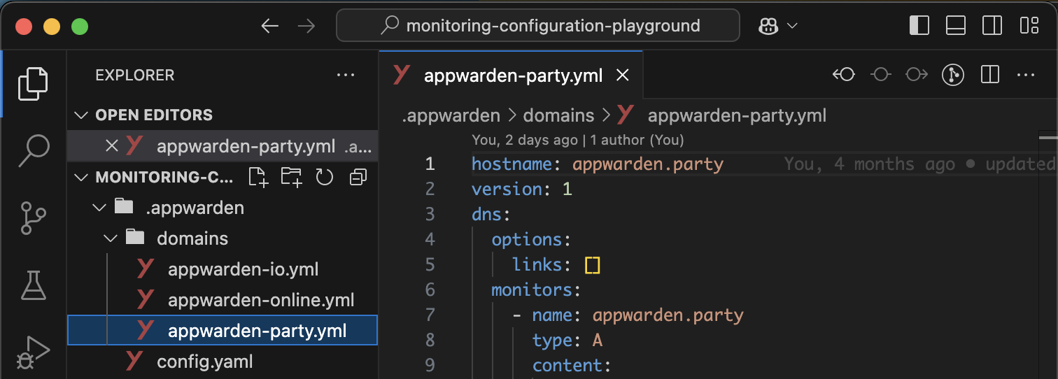 A domain configuration repository in a code editor