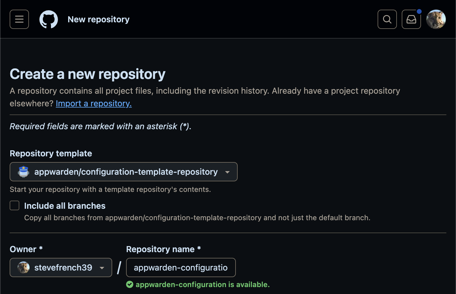 In GitHub, create your domain configuration repository from our template repository